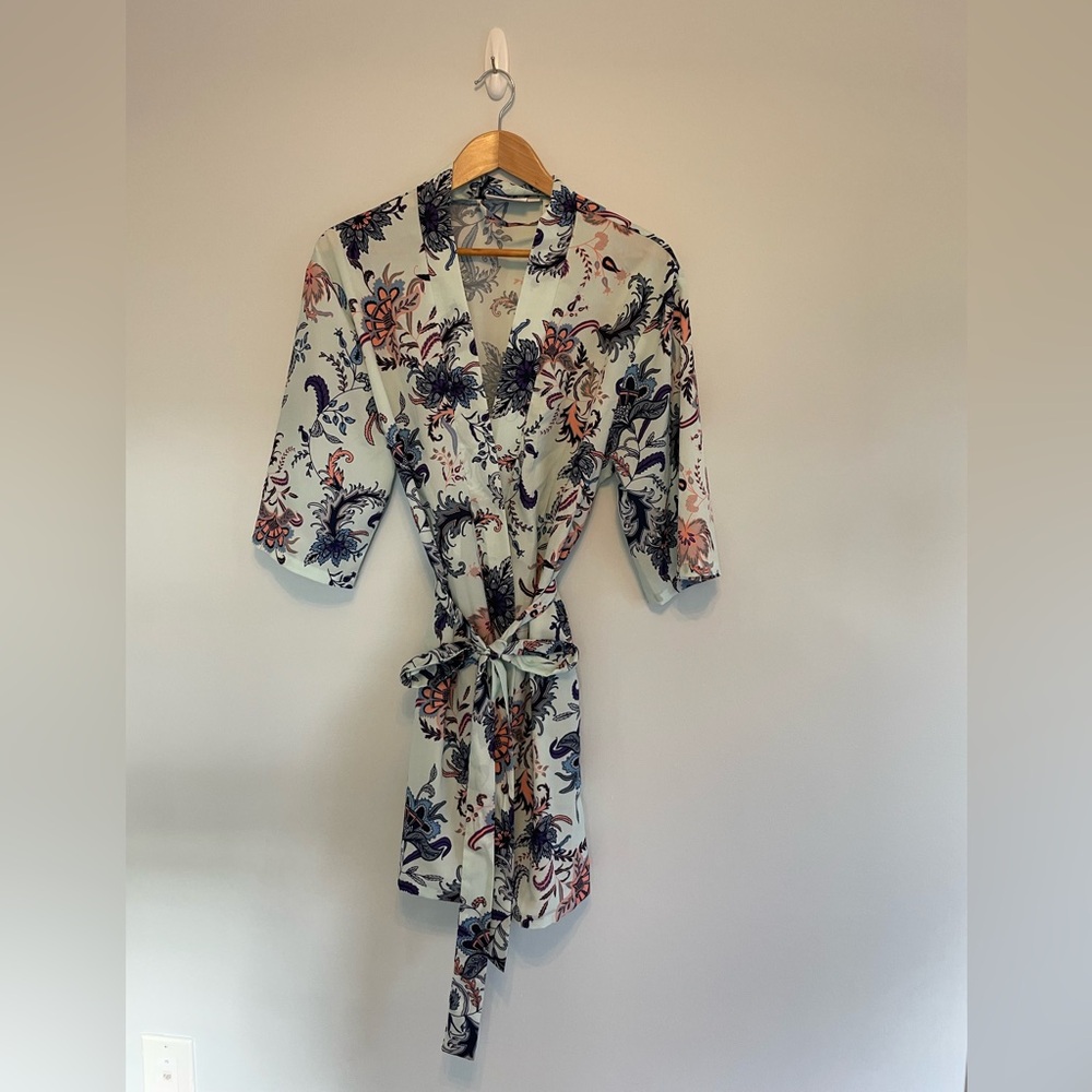 Floral Print Silk Feel Robe - Light Mint with Navy & Coral, Size S/M